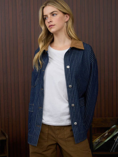 Stripe Corduroy Collar Denim Shacket