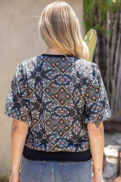 Band Detail Ornamental Tile Embroidered Print Top