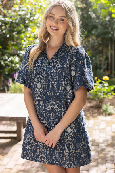 Nancy Navy Damask Dress