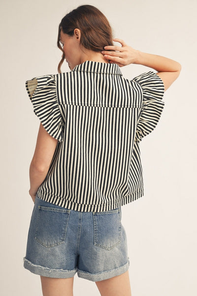 model wearing a black striped button down top with ruffle sleeves