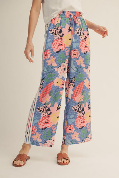 model wearing stripled floral pants