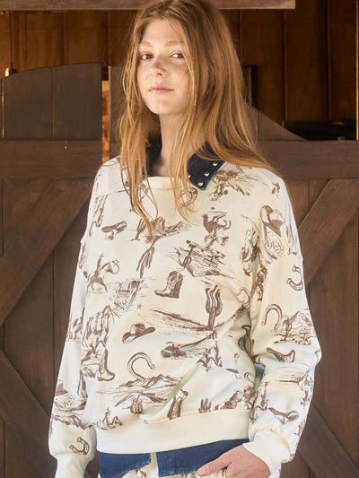 Cream Western Print Top & Bottoms