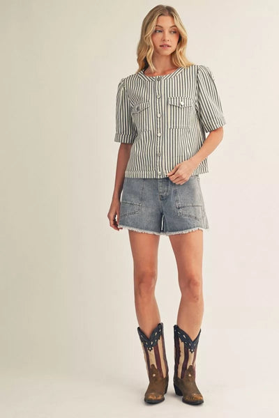 Embroidered Horse Striped Denim Short Sleeve