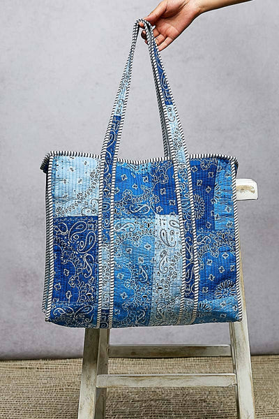 Quilted Striped Binding Roomy Fit Blue Tote Bag