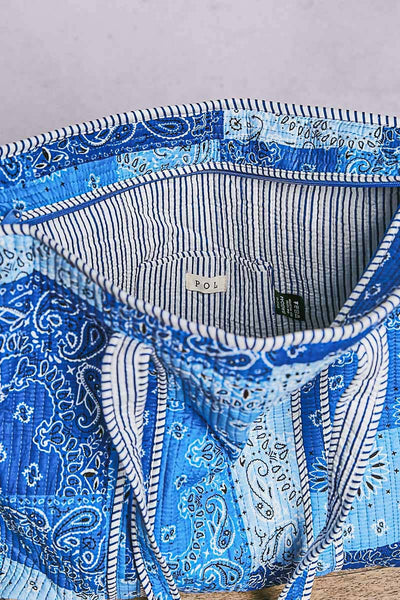 Quilted Striped Binding Roomy Fit Blue Tote Bag