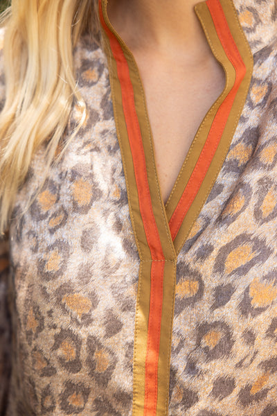 Stripe Placket Detail Leopard Print Metallic Top