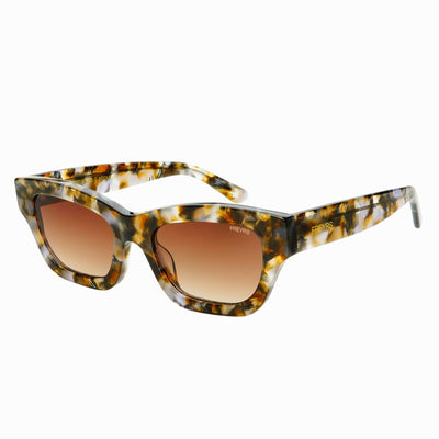 Sunglasses with tortoiseshell frame and brown gradient lenses on a white background