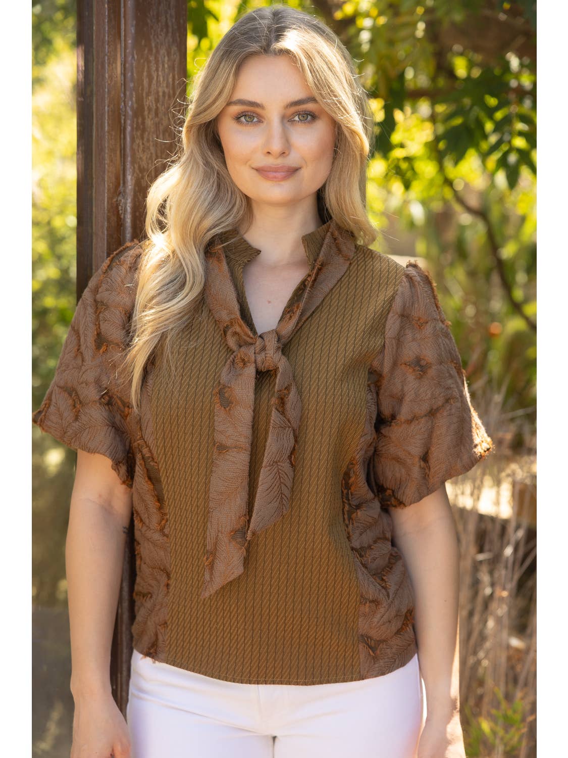 Tie Neck Mixed Textured Bubble Sleeve Top