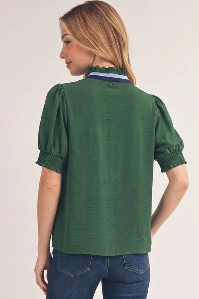 Hunter Green Tri Color Ruffle Collar Blouse