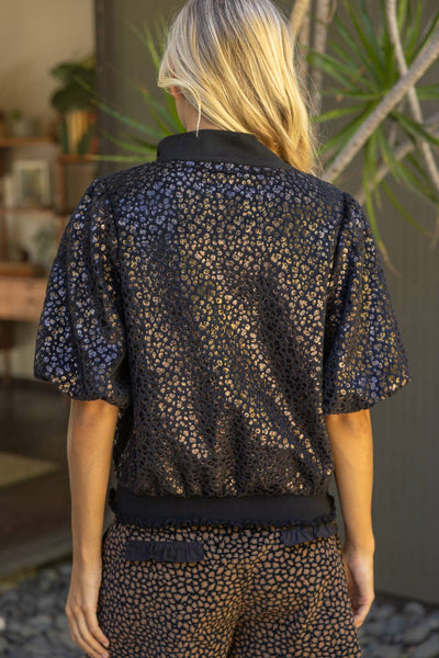 37329 Metallic Animal Print Snap Button Up Top