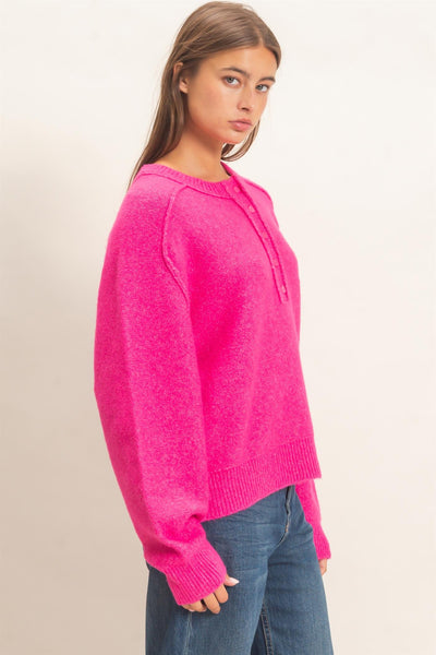Britt Henley Top With Reverse Seams - Fuchsia