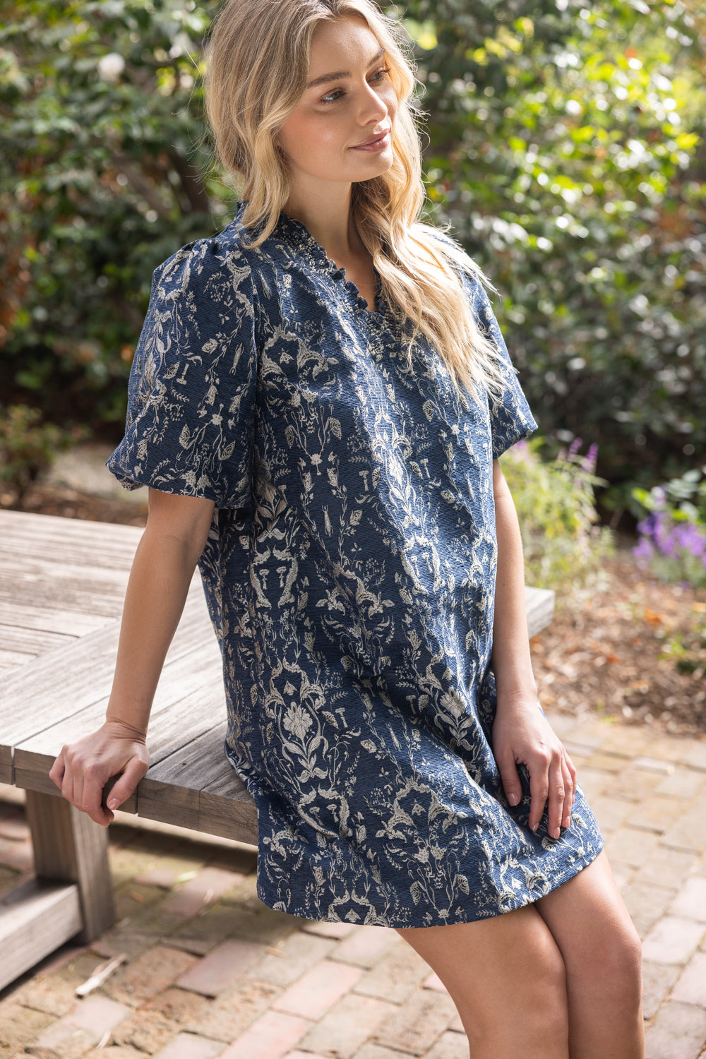 Nancy Navy Damask Dress