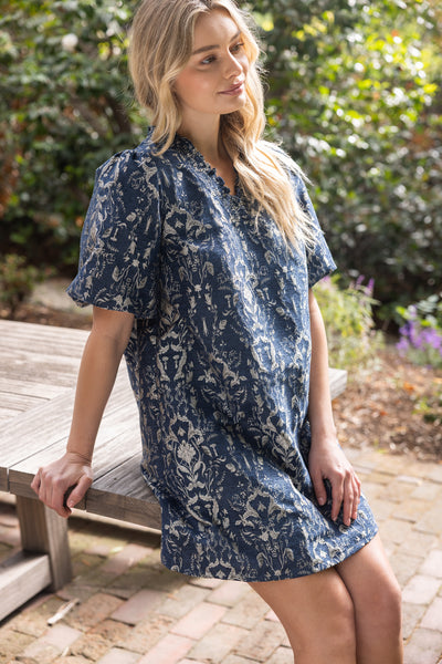 Nancy Navy Damask Dress
