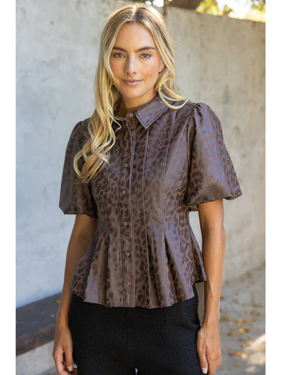 Pleated Collar Button Down Faux Leather Top - Brown