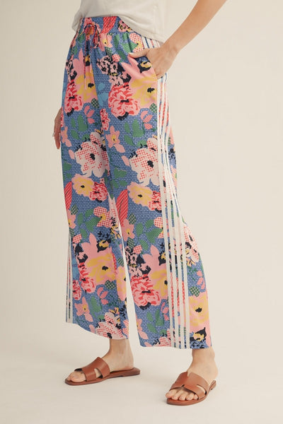 model wearing stripled floral pants
