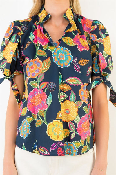 Short Sleeve Floral Pattern V-neck Top