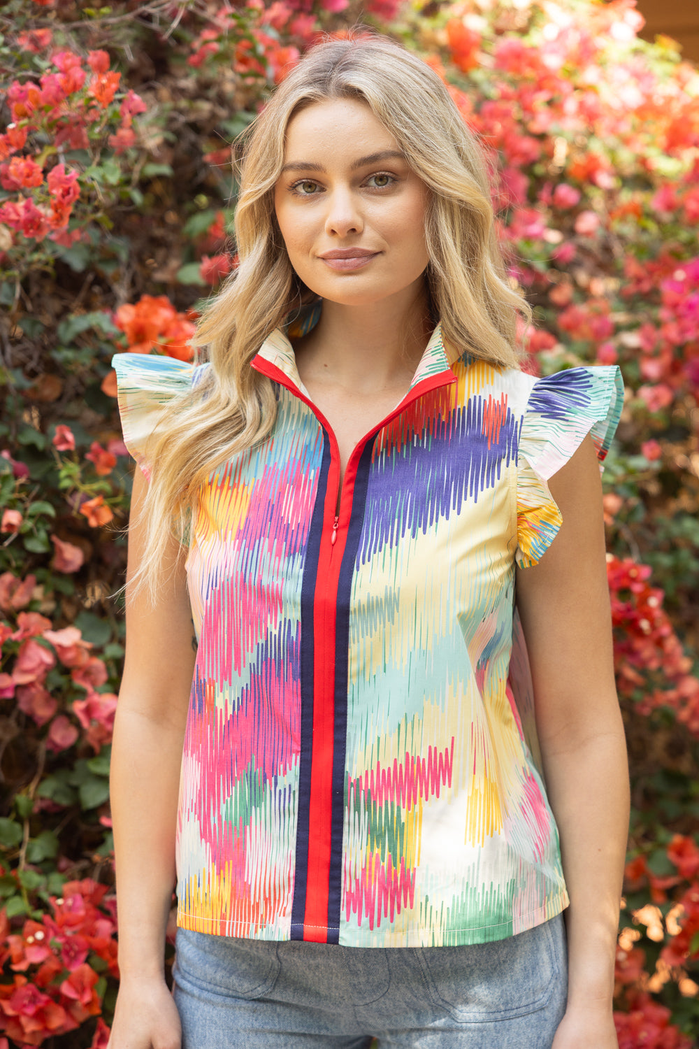 Striped Quarter-Zip High Neck Ruffle Sleeve Top