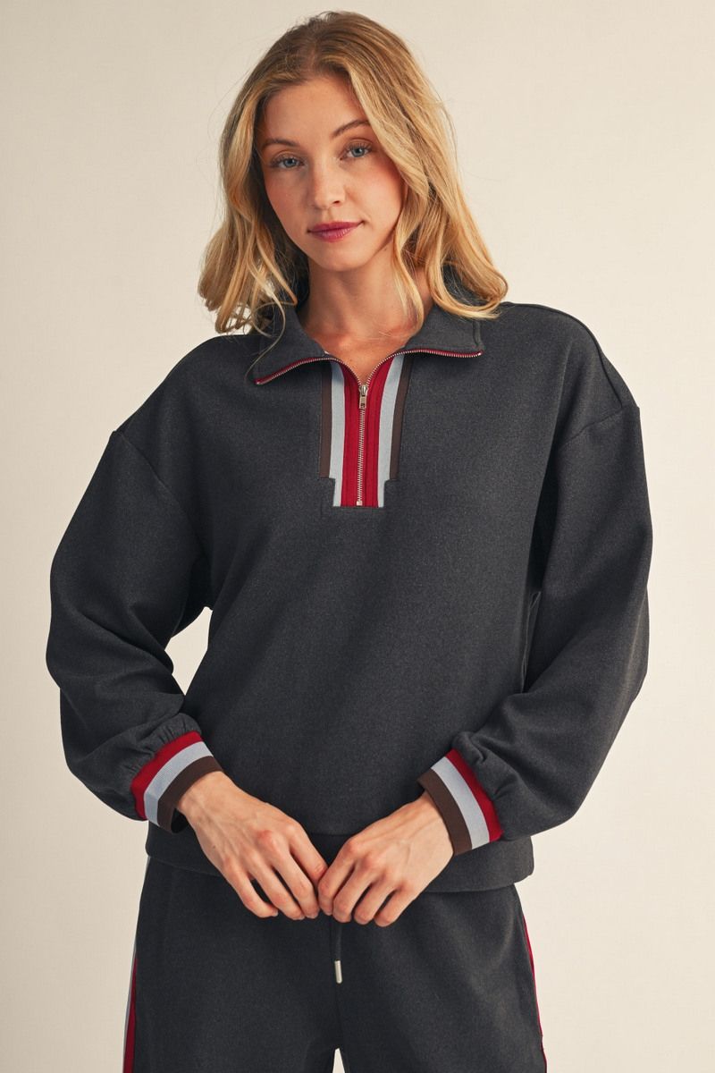 Whitney Long Sleeve Front Zip 2 Tone Sweatshirt - Charcoal