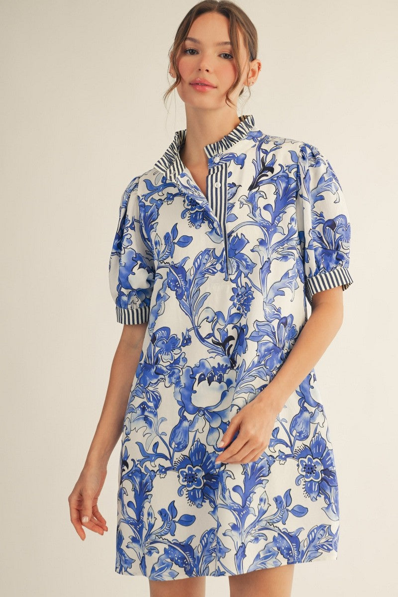 Pamela Stripe Contrast Accent Tropical Floral Dress