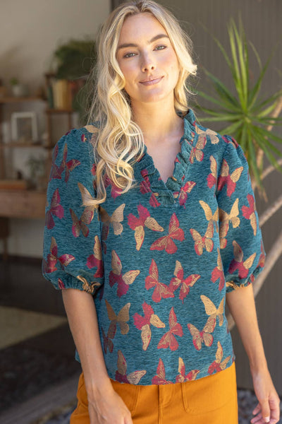 37314 Ruffled V-Neck Butterfly Jacquard Top