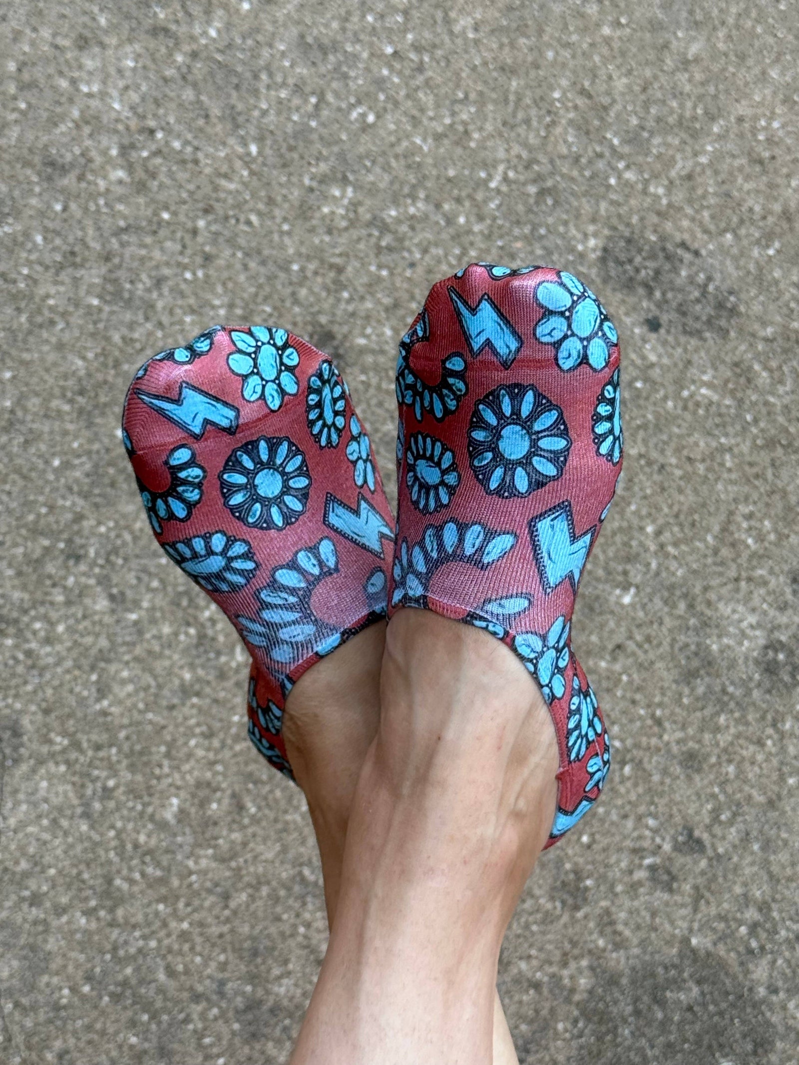 Red turquoise western no show socks
