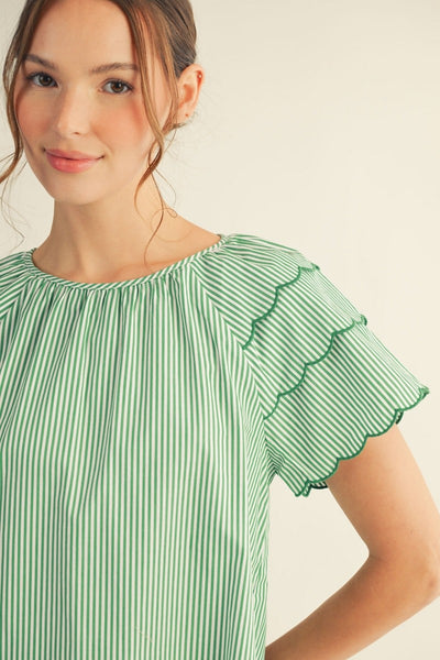 Misty Scallop Sleeve Striped Top