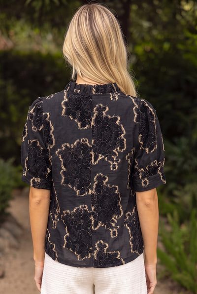 Black Textured Ruffle V Neck Blouse