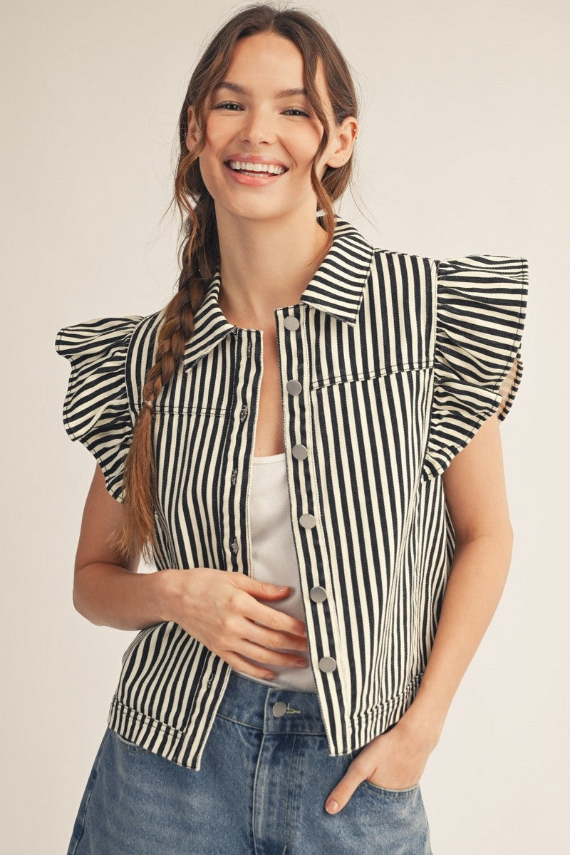 model wearing a black striped button down top with ruffle sleeves