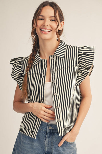 model wearing a black striped button down top with ruffle sleeves