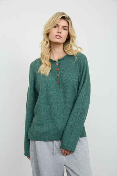 Novelty Holiday Button Henley Pullover Sweater