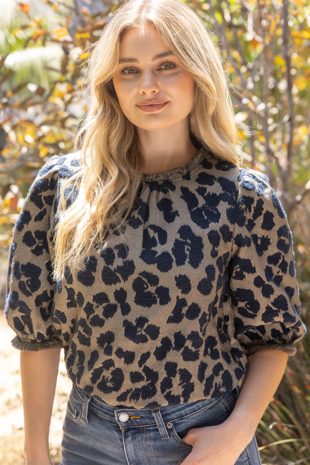 Fringe Detail Textured Animal Print Top