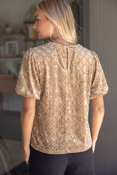Trellis Trimmed Crushed Velvet Bubble Sleeve Top