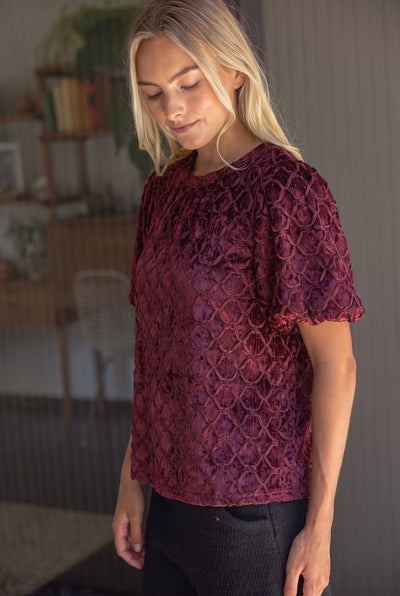Trellis Trimmed Crushed Velvet Bubble Sleeve Top
