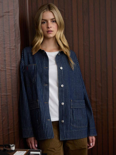 Stripe Corduroy Collar Denim Shacket