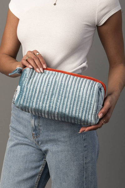 Lt. Blue & Orange Velvet Ribbed Travel Pouch