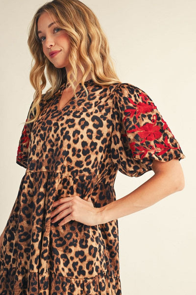 Ellison Leopard V Neck Tiered Dress With Embroidered Sleeves