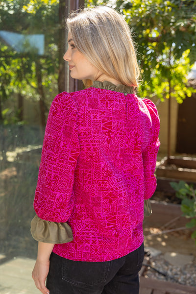 Magenta Puff Sleeve Contrast Ruffle Abstract Printed Top