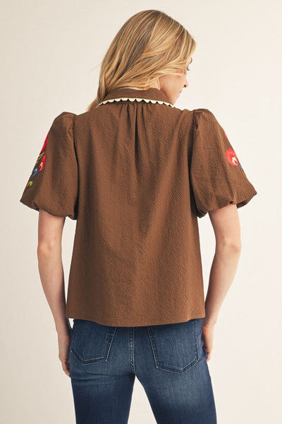 Back of brown blouse with embroidered sleeves worn by a person on a beige background