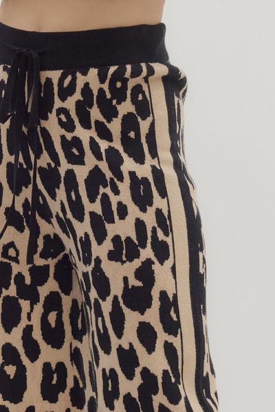 Leopard print pants with a black waistband on a white background
