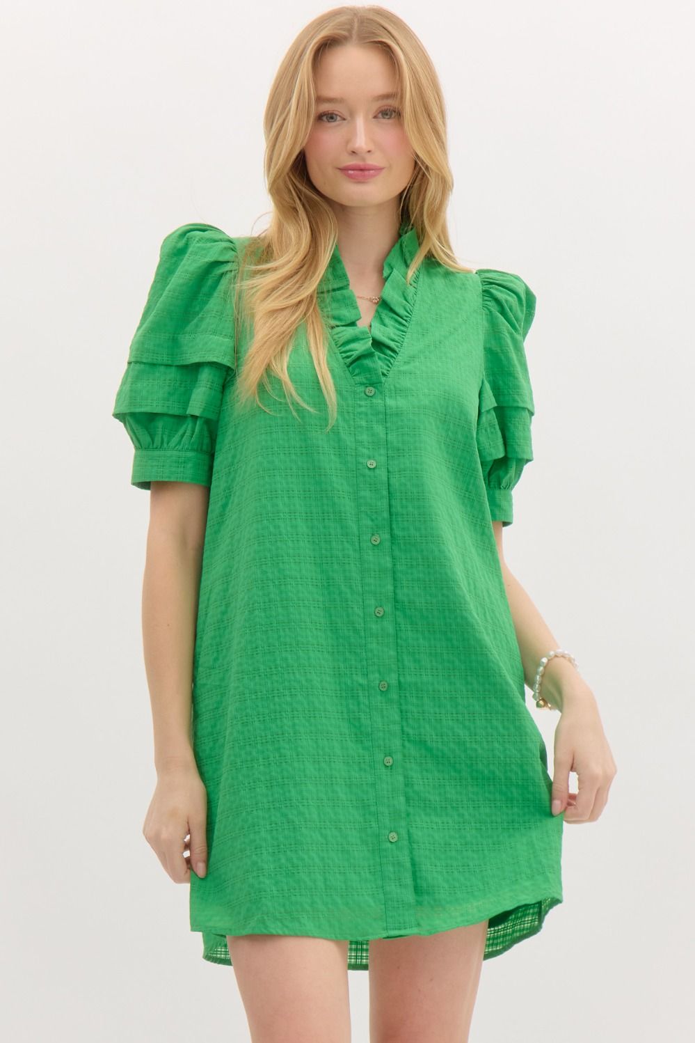 Molly Green Puff Sleeve Mini Dress Accessorize In Style