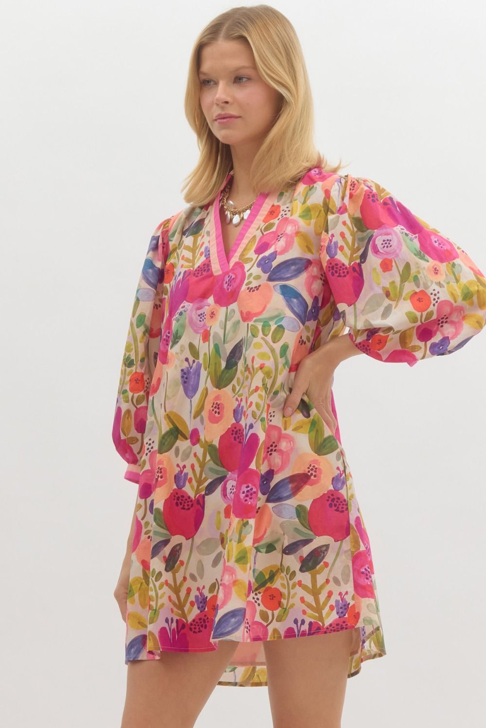 Jolee Floral Print Bubble Sleeve Dress