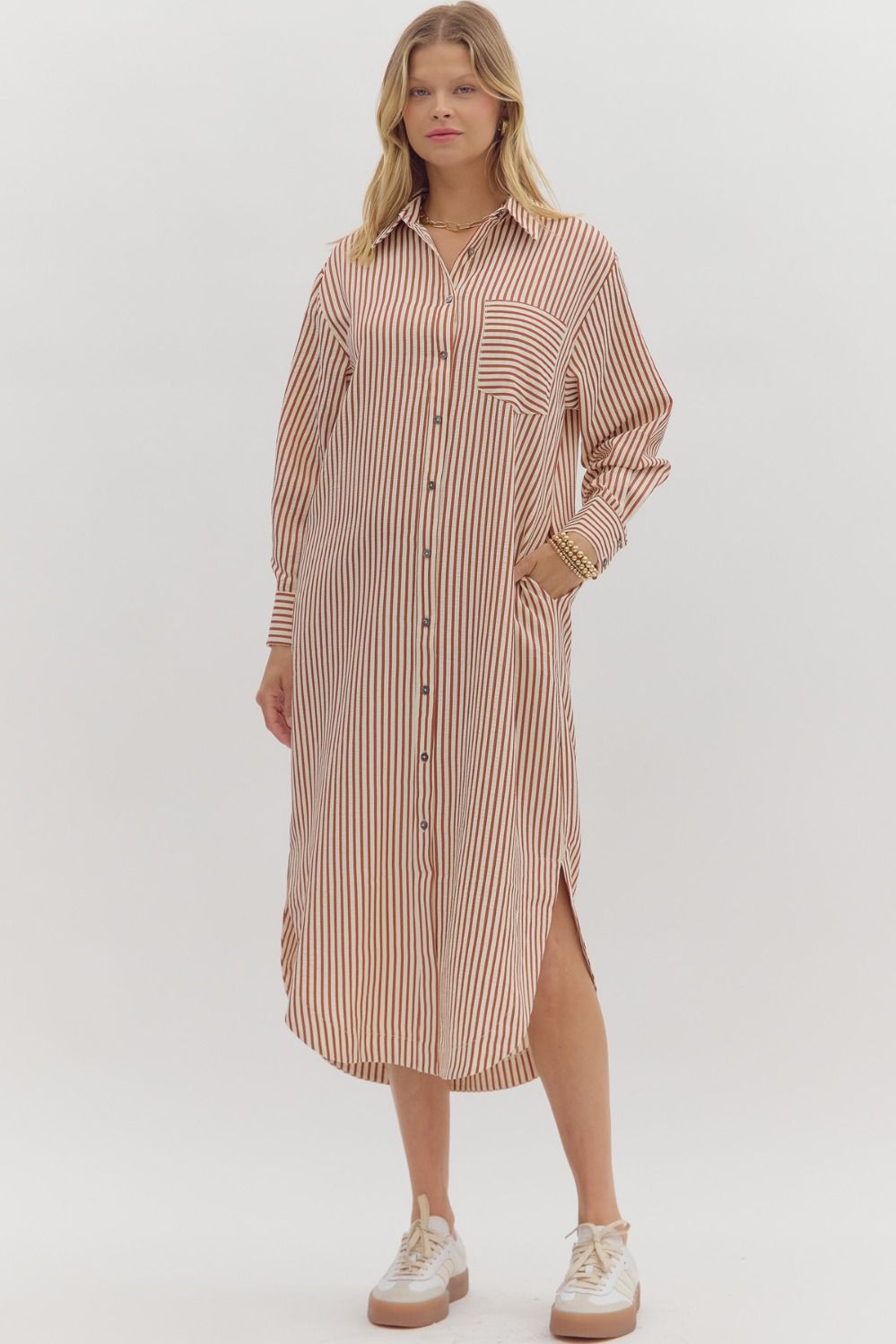 Rust Textured Striped Shirt Dress