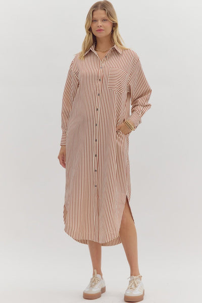 Rust Textured Striped Shirt Dress