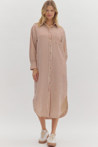 Rust Textured Striped Shirt Dress