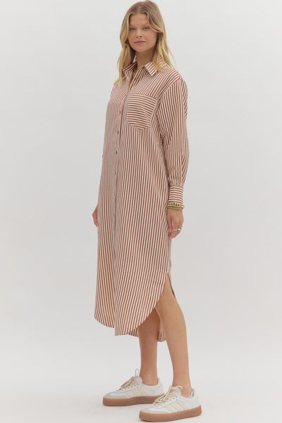 Rust Textured Striped Shirt Dress