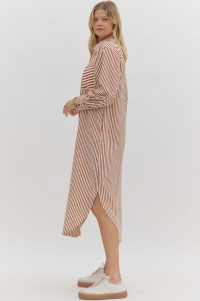 Rust Textured Striped Shirt Dress