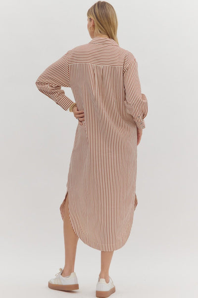 Rust Textured Striped Shirt Dress