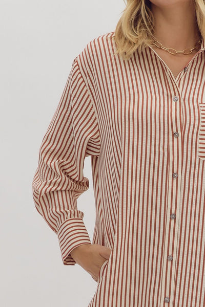 Rust Textured Striped Shirt Dress