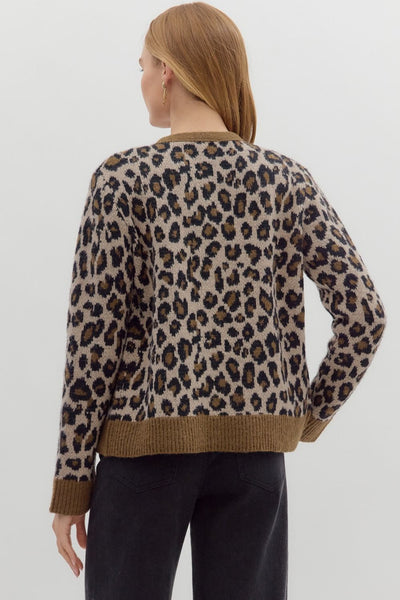 Person wearing a leopard print sweater on a white background