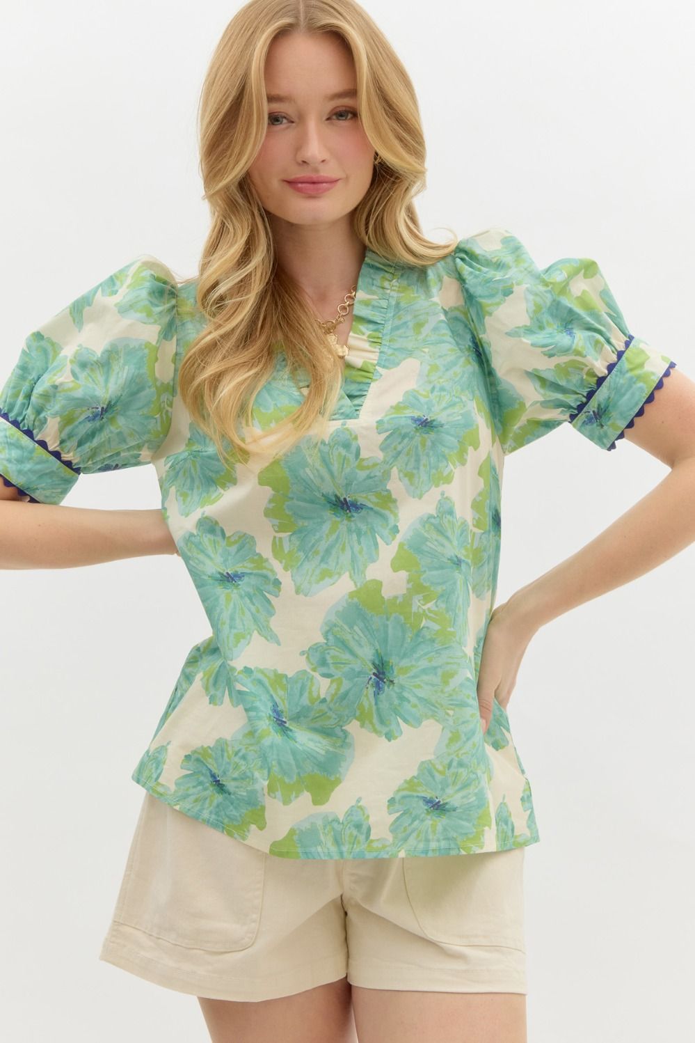 Melinda Mint Floral Puff Sleeve Blouse